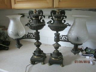 Antique Metal Brass Oil Lamps Electrified Urn Shaped With Bridge Arm