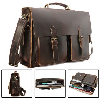 Vintage Mens Full Grain Leather Large 17 " Laptop Briefcase Shoulder Bag Satchel