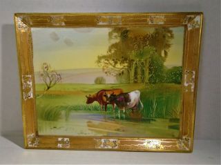 Antique Hand Painted Nippon Moriage Jewels Pastoral Cows Art Picture Wall Hung