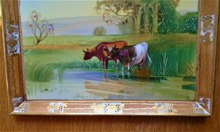 Antique Hand Painted Nippon Moriage Jewels Pastoral Cows Art Picture Wall Hung 2