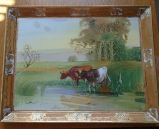 Antique Hand Painted Nippon Moriage Jewels Pastoral Cows Art Picture Wall Hung 3