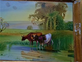 Antique Hand Painted Nippon Moriage Jewels Pastoral Cows Art Picture Wall Hung 4
