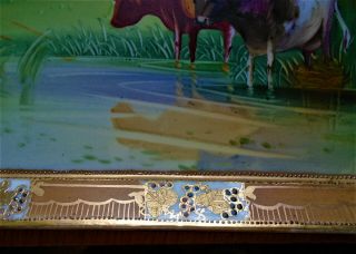 Antique Hand Painted Nippon Moriage Jewels Pastoral Cows Art Picture Wall Hung 6