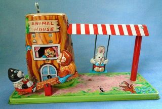 Vintage Tps Animal House Mechanical Tin Wind Up Swings,  See Saw,  Monkeys & Bunny