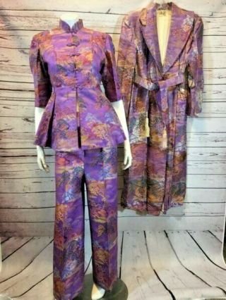 Vtg Rare 50s 60s Japanese Brocade Robe Pajama Asian Trademark Fujibayashi Made M