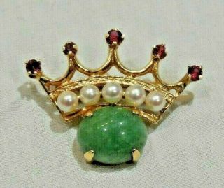 Vintage Estate 14k Yellow Gold With Jade,  Pearls & Rubies Crown Pin Or Brooch