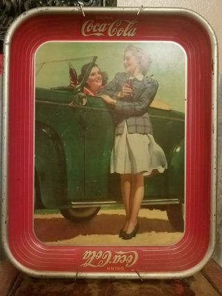Vintage 1942 Coca Cola Advertising Tip Tray Girls Roadster Wwii Era W/ Hanger