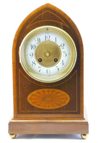 C1910,  Jules Rolez,  Antique Edwardian Gothic Inlaid Walnut French Mantle Clock