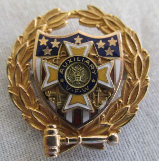 Fine Vintage 10k Gold Enamel Vfw Auxiliary Badge Lapel Pin Brooch 4.  4g 1 "