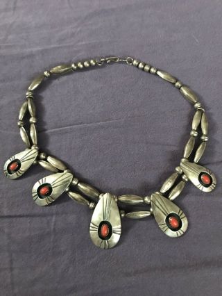 Vintage Navajo Red Coral And Turquoise W/ Bench Beads Silver Necklace