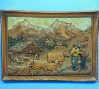 Antique Swiss Black Forest Carving Wall Plaque Diorama Relief Chalet Cow Signed?