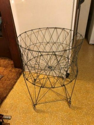 Vintage Collapsible Folding Wire Metal Laundry Basket Cart Allied Product Wheels