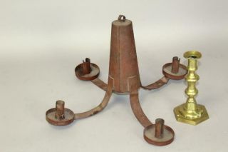 A GREAT 19TH C COUNTRY TIN HANGING FOUR CANDLE CHANDELIER IN RED PAINT 2