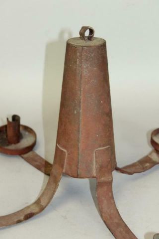 A GREAT 19TH C COUNTRY TIN HANGING FOUR CANDLE CHANDELIER IN RED PAINT 3