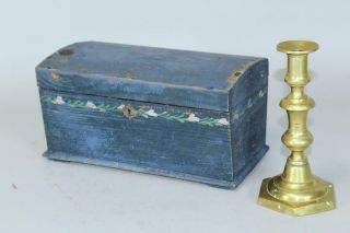 Great 19th C Pa German Folk Art Blue Painted & Decorated Miniature Dome Top Box