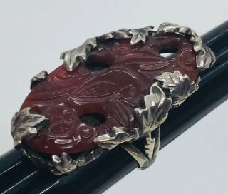 Antique Chinese Sterling Silver Carved Red Carnelian Bird Large Ring Size 7