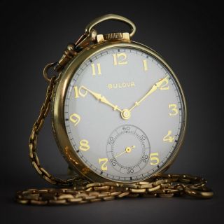 ⌚1949 Vintage Bulova Open Face Pocket Watch 14k Gold Plate 17ah Krementz Chain