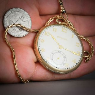 ⌚1949 Vintage Bulova Open Face Pocket Watch 14k Gold Plate 17AH Krementz Chain 7