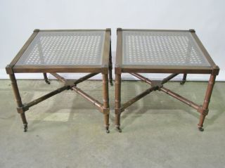 Pair Hickory Chair Furniture Mahogany Occasional Tables; Caned & Glass Tops