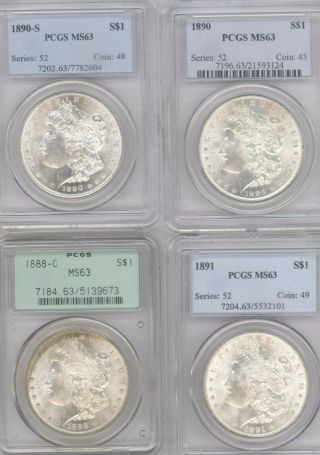 4 Different Morgan Dollars Pcgs Ms 63,  1891,  1890,  1888 - O,  And 1890 - S Semi Rare