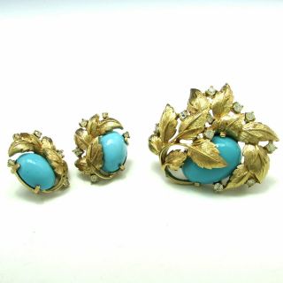 Vintage Jomaz Signed Turquoise Rhinestone Leaf Brooch Pin & Earrings Suite Set