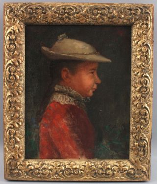Small Antique American Portrait Oil Painting,  Young Girl W/ Hat & Red Dress Nr