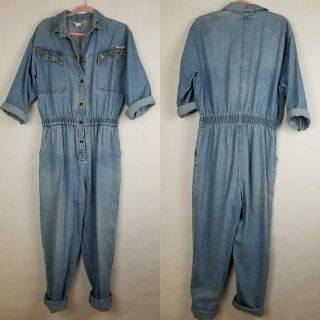 Vintage 80s Denim Jumpsuit Rhinestones Bedazzled Size Xl Button Down