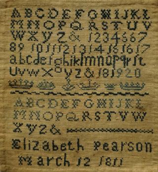 MINIATURE EARLY 19TH CENTURY BLUE STITCH WORK SAMPLER BY ELIZABETH PEARSON 1811 11