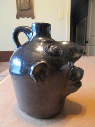 Brown pottery face jug 1940s stamped Arden NC hand made 2