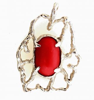 Vintage Hand Crafted Modernist 14k White Gold Red Coral Pendant 1.  5 " 10.  65 Grams