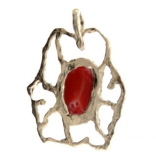 Vintage Hand Crafted Modernist 14k White Gold Red Coral Pendant 1.  5 