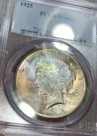 1925 Ms64 Pcgs Toned Peace Dollar Unique Rainbow Toning Very Rare W/ Color