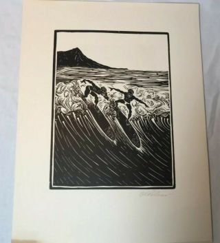 1960s O.  B.  Patterson Orig Lino Print Illustrations,  1st Ed Sign Surfriding Book