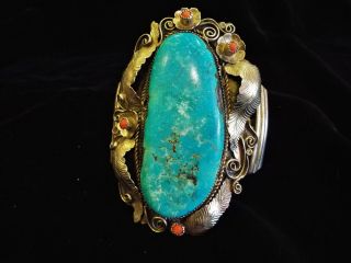 Large Vintage Navajo Silver & 3 Inch High Turquoise & Coral Cuff Bracelet