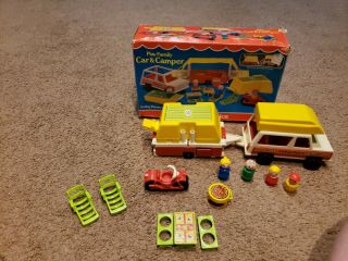 Iob Fisher Price Vintage Little People Play Family Car & Pop - Up Camper 992