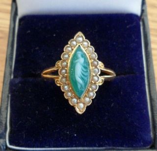 Vintage Jewellery 18ct Gold Green Chalcedony Venus Cameo Pearl Ring Uk Hallmarks