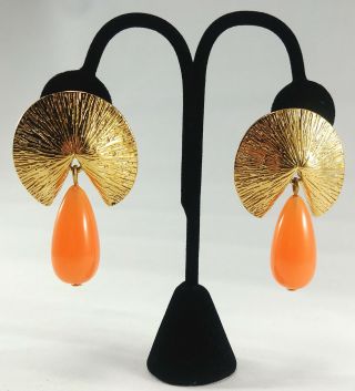 Vtg 1980 ' s GIVENCHY DROP EARRINGS Goldtone Peach Clip - On Haute Couture Runway 2