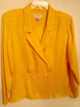 Christian Dior Separates Vintage Yellow 100 Silk Blouse Top Sz 8 S M Polka Dots