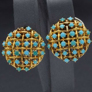 Vintage 18k Multi - Tone Gold Sleeping Beauty Turquoise Round Clip On Earrings 15g