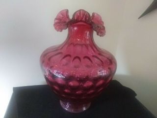 Vintage Fenton Glass Cranberry Coin Dot Large Vase Ruffled Top 12 "