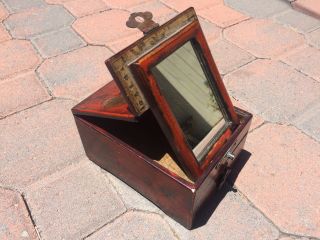 Antique /vintage Lacquer Wood Chinese Cosmetic Folding Mirror Jewelry Vanity Box