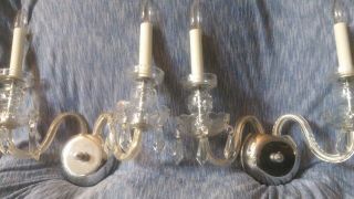 Pair Vintage Leaded Crystal Twin Candle Cut Glass Bowl / Foot Wall Sconces Italy