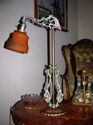 Antique Deco Iron Bridge Table Floor Lamp Glass Shade Chandelier Fixture 1950 