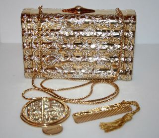 Vntg Judith Leiber Gold Metal Pavee Swarovski Crystal Shoulder Clutch Bag