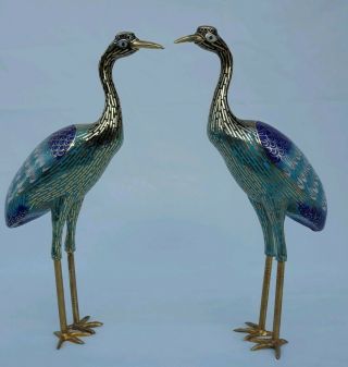 Vintage Chinese Cloisonne Cranes Statues Brass Enamel Birds