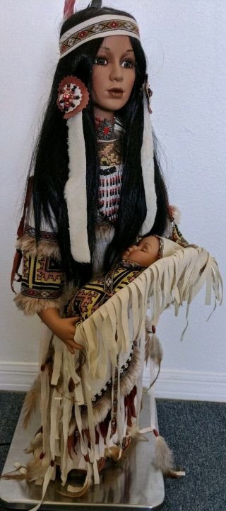 Vtg Native American Porcelain Girl Doll 28 " Tall W/ Baby 9 "