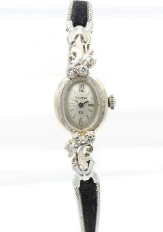 Bulova 14k White Gold And Diamond.  34 Ctw Vintage Ladies Oval Wristwatch 6110 - 2