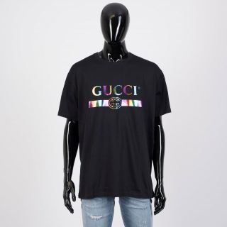 Gucci 480$ Oversized Iridescent Vintage Logo Print Tshirt In Black Cotton