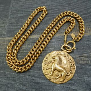Chanel Gold Plated Cc Logos Lion Charm Vintage Necklace Pendant 4479a Rise - On