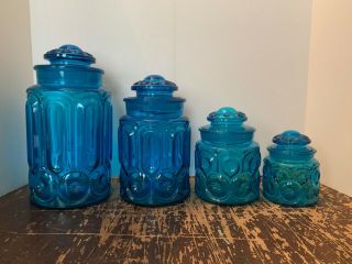 Vintage Le Smith Moon And Stars Blue Glass 4 Piece Canister Set